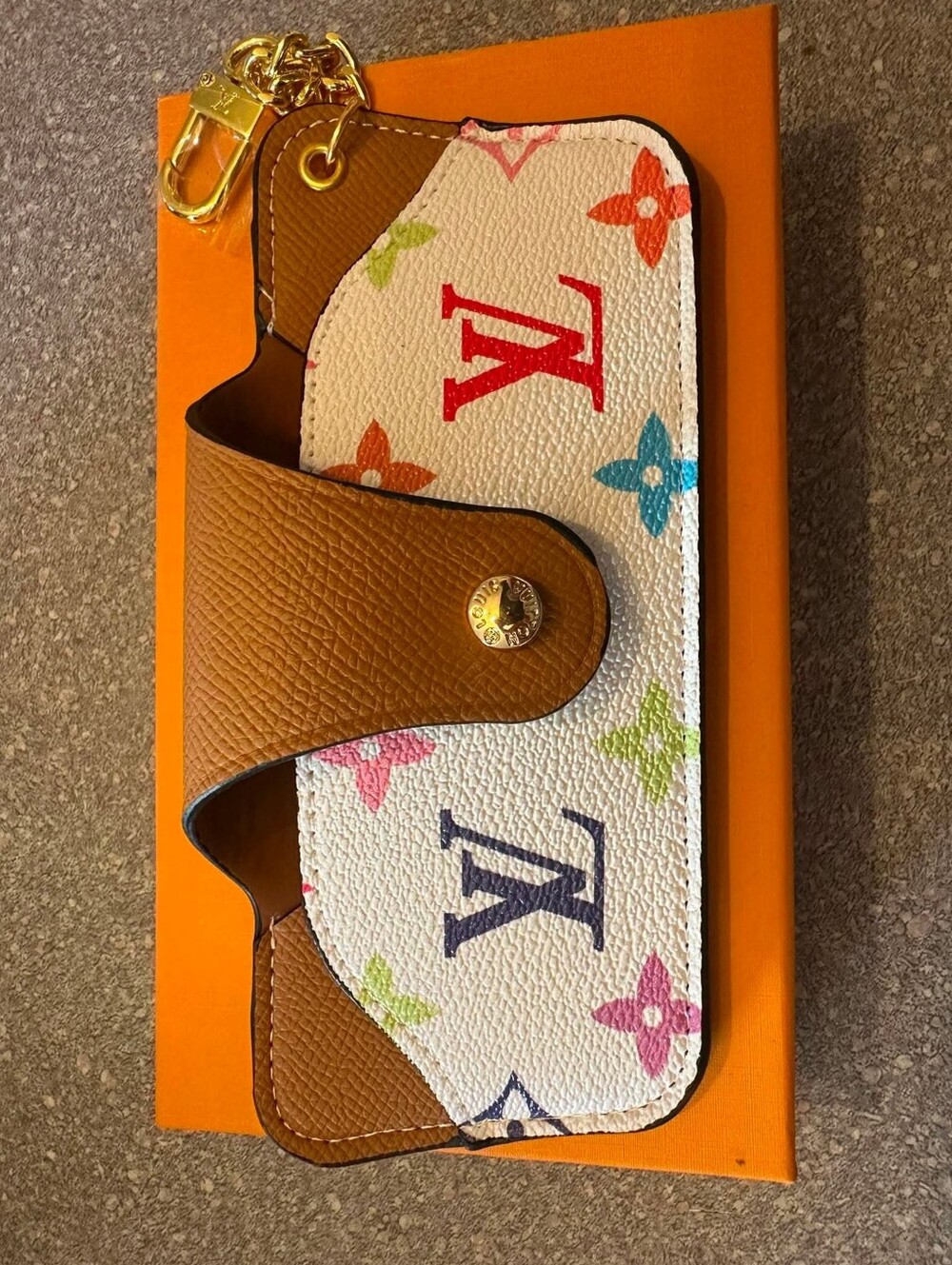 Multicolor Monogram Key Pouch - White with Brown Trim With Box